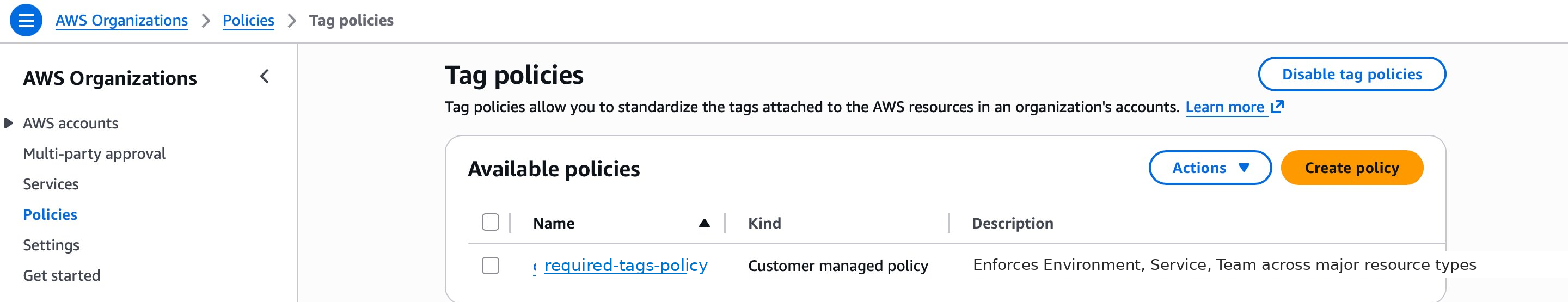 AWS Organizations Tag policies console showing a single customer-managed policy named required-tags-policy that enforces Environment, Service, and Team across major resource types
