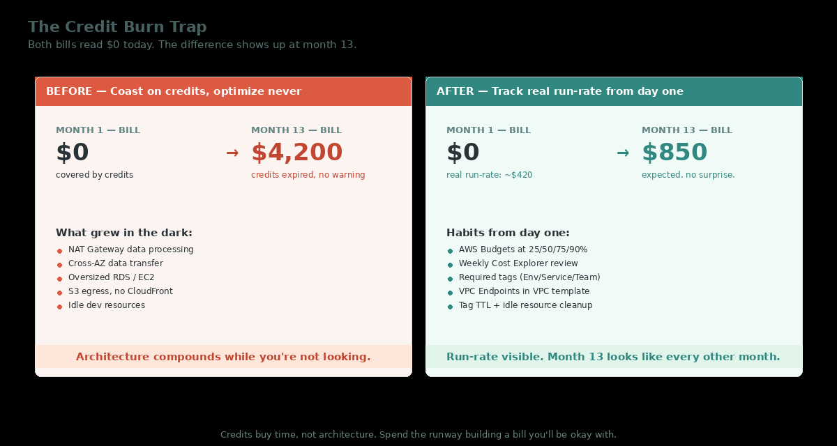 Side-by-side comparison of two scenarios at month 1 and month 13. On the left, a startup that coasted on credits sees $0 in month 1 and $4,200 in month 13—an unexpected bill driven by NAT Gateway data processing, cross-AZ data transfer, oversized RDS/EC2, S3 egress without CloudFront, and idle dev resources. On the right, a startup that tracked its real run-rate from day one also shows $0 in month 1, with the real underlying cost noted as ~$420, and reaches month 13 with an expected $850 bill and no surprise