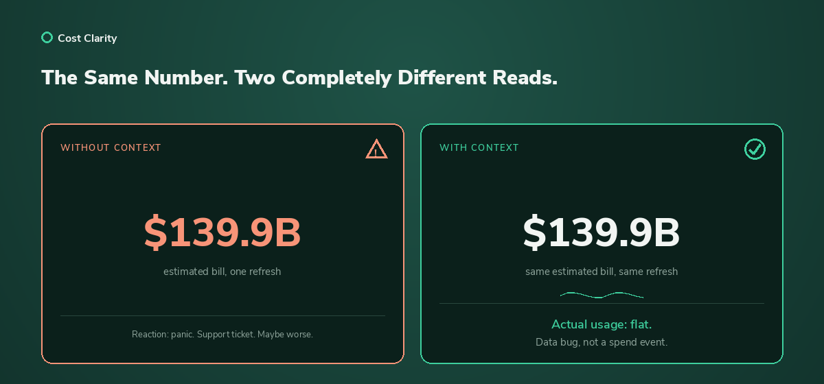 Same estimated bill shown two ways: without context it reads as panic, with context (actual usage flat) it reads as a data bug